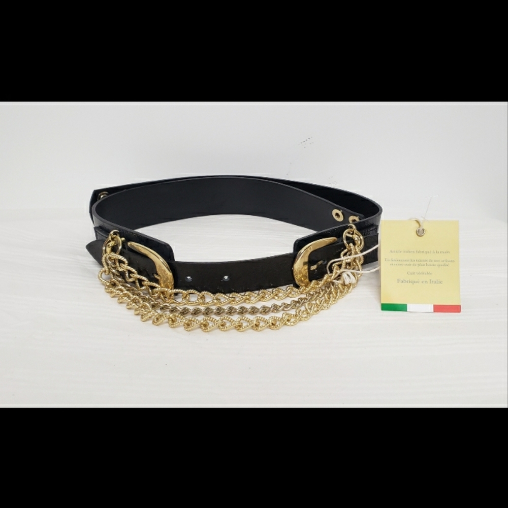 Punto Fibbia Black Leather Belt with Chains